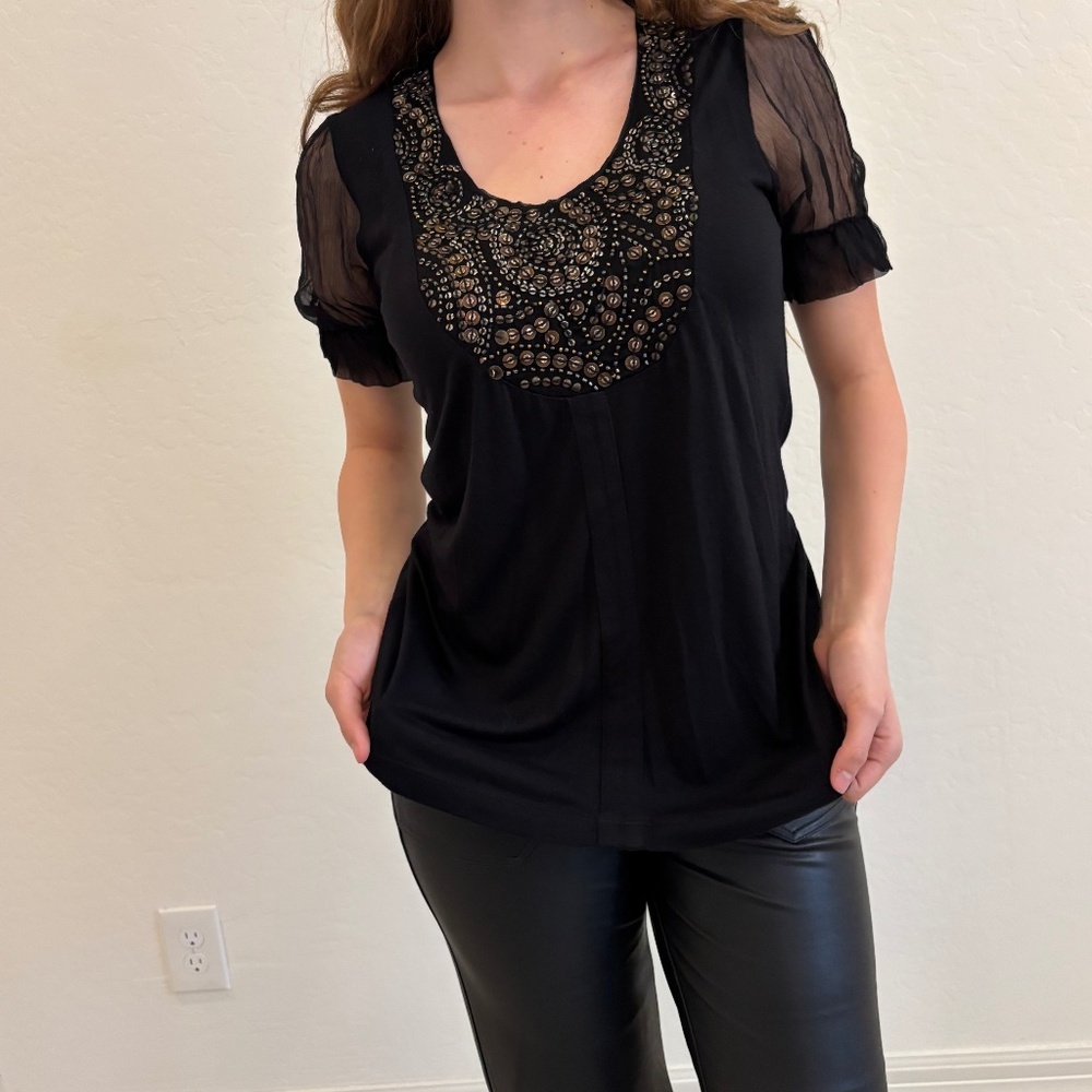 Alberto Makali black tunic top with heavy  embellishment, Size Small, Y2K, boho